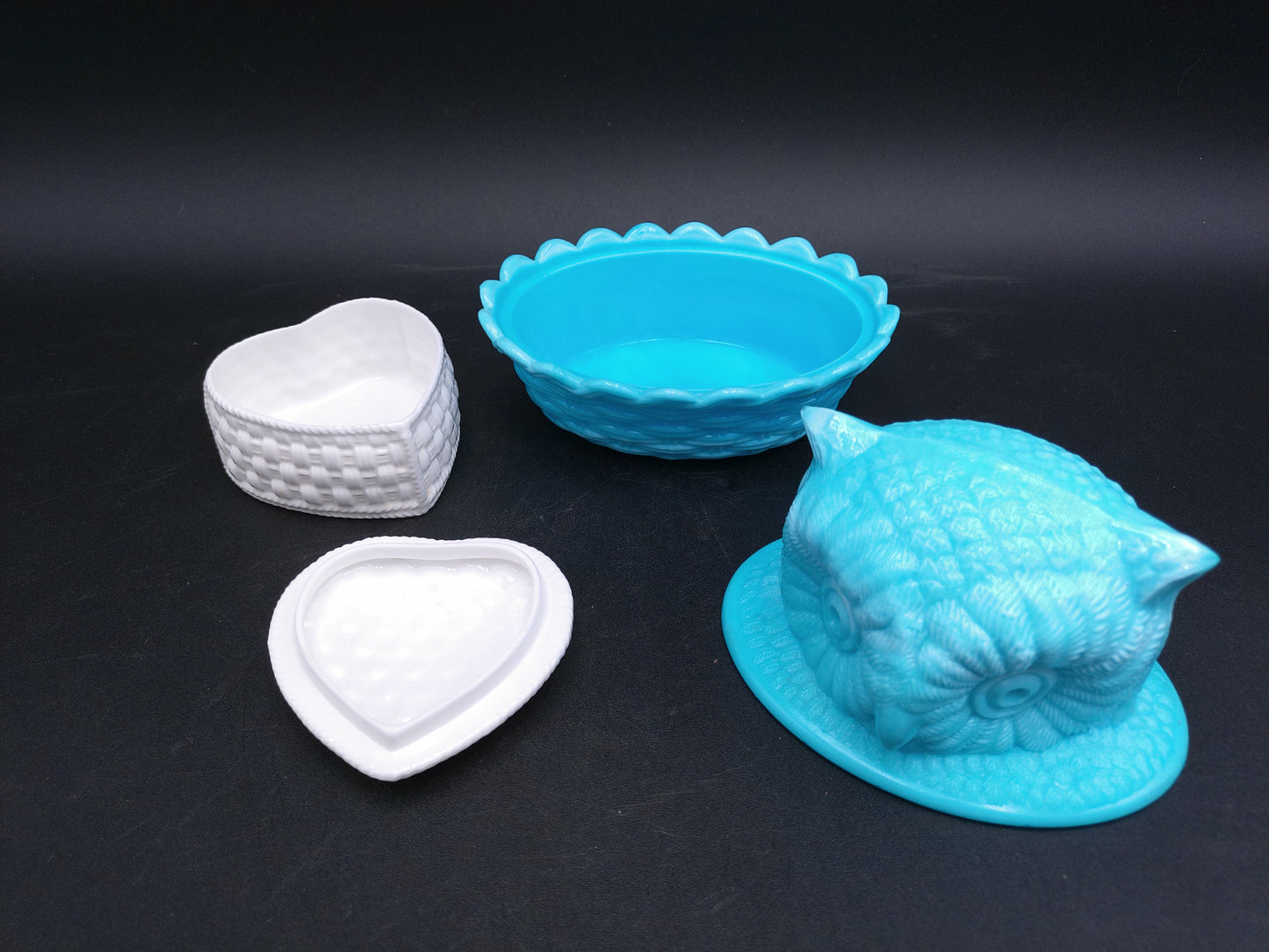 Blue Milk Glass Owl Collection Wright Challinor Taylor and Co and Tiffany Case HeartShaped