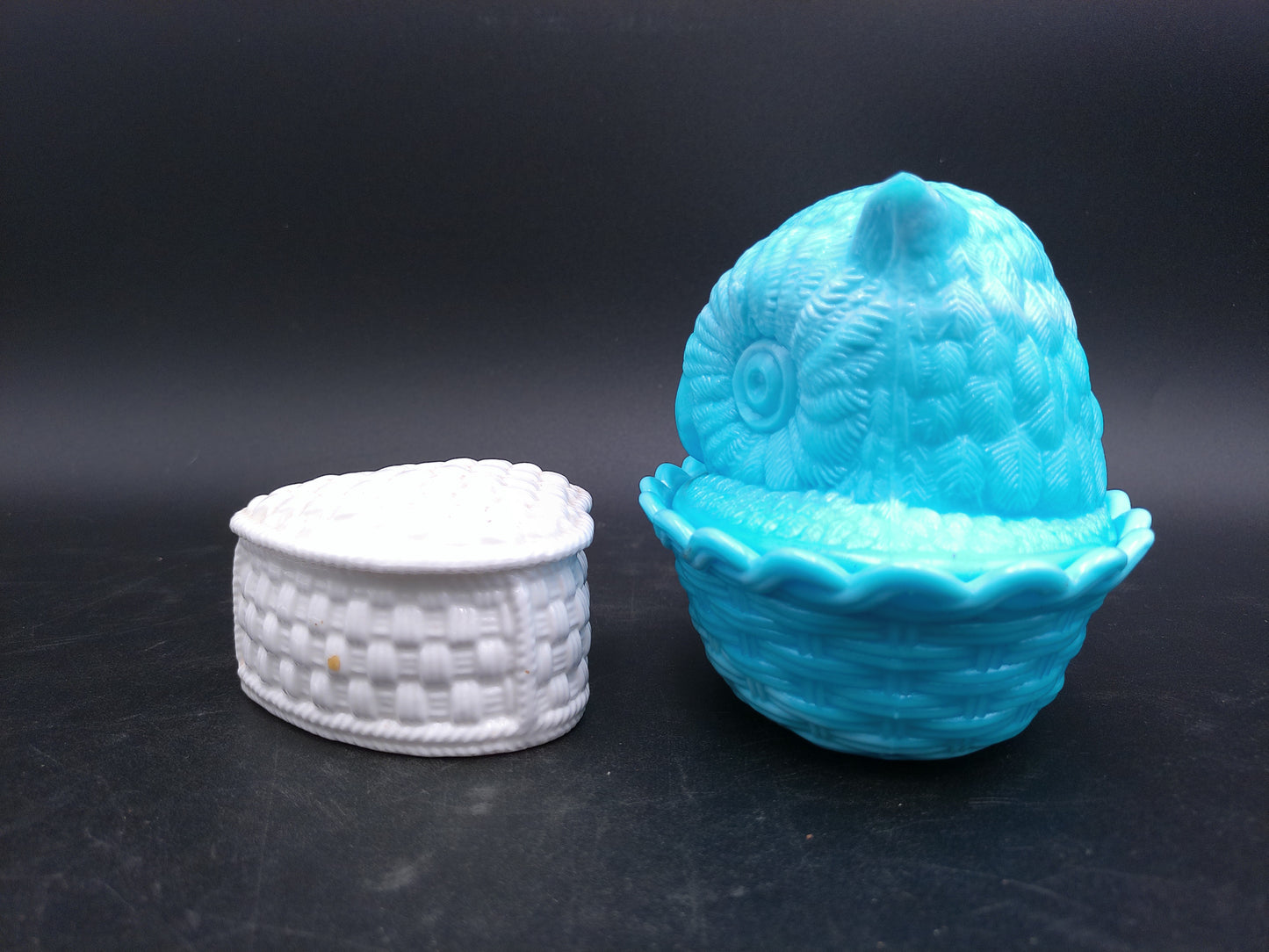 Blue Milk Glass Owl Collection Wright Challinor Taylor and Co and Tiffany Case HeartShaped