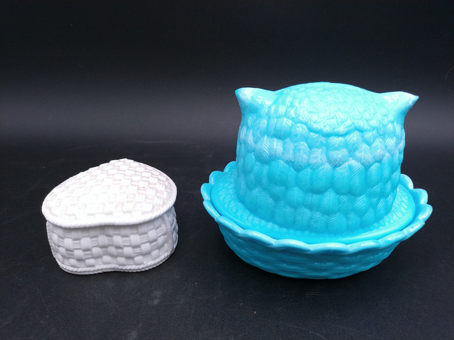Blue Milk Glass Owl Collection Wright Challinor Taylor and Co and Tiffany Case HeartShaped