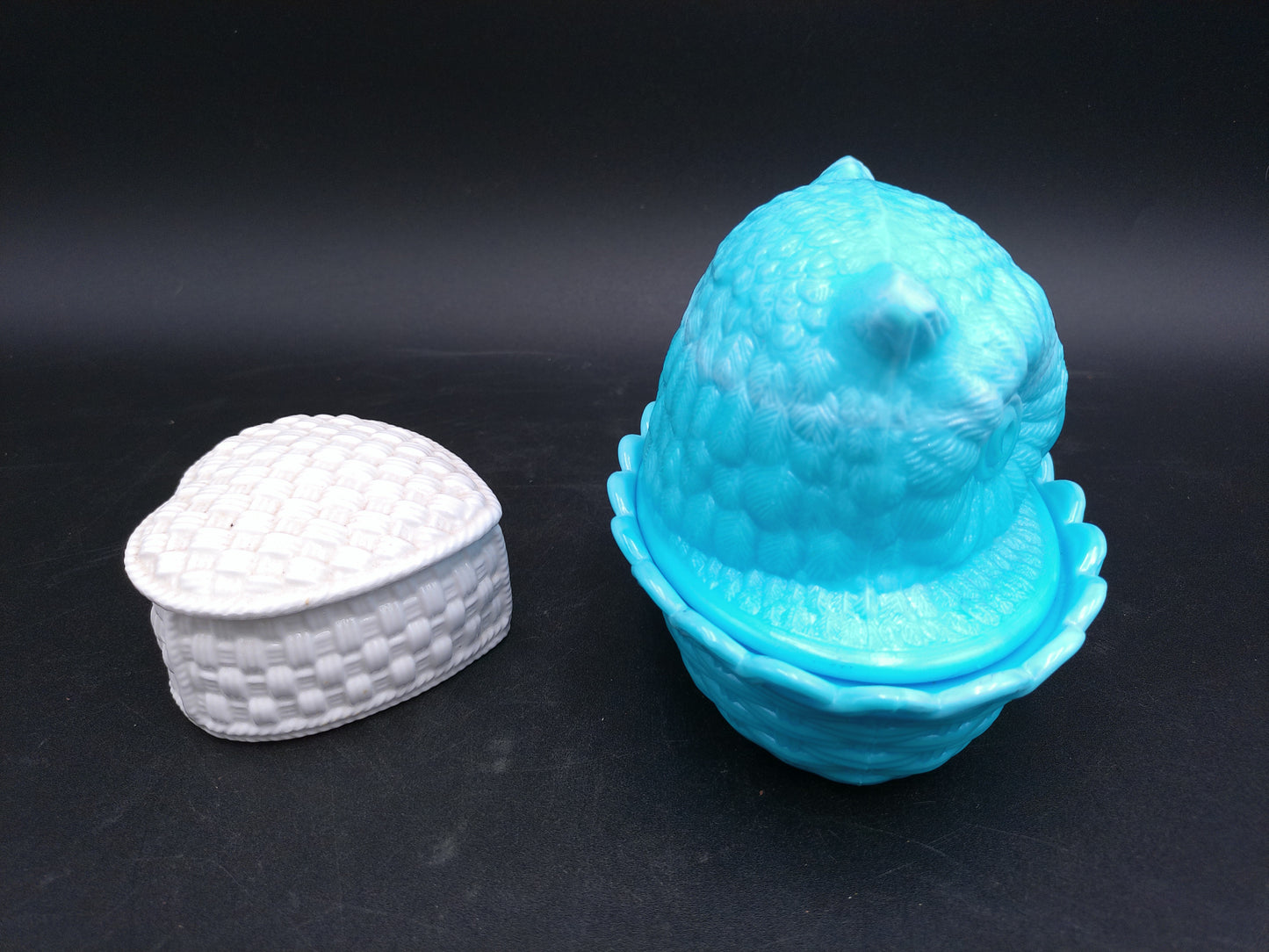 Blue Milk Glass Owl Collection Wright Challinor Taylor and Co and Tiffany Case HeartShaped