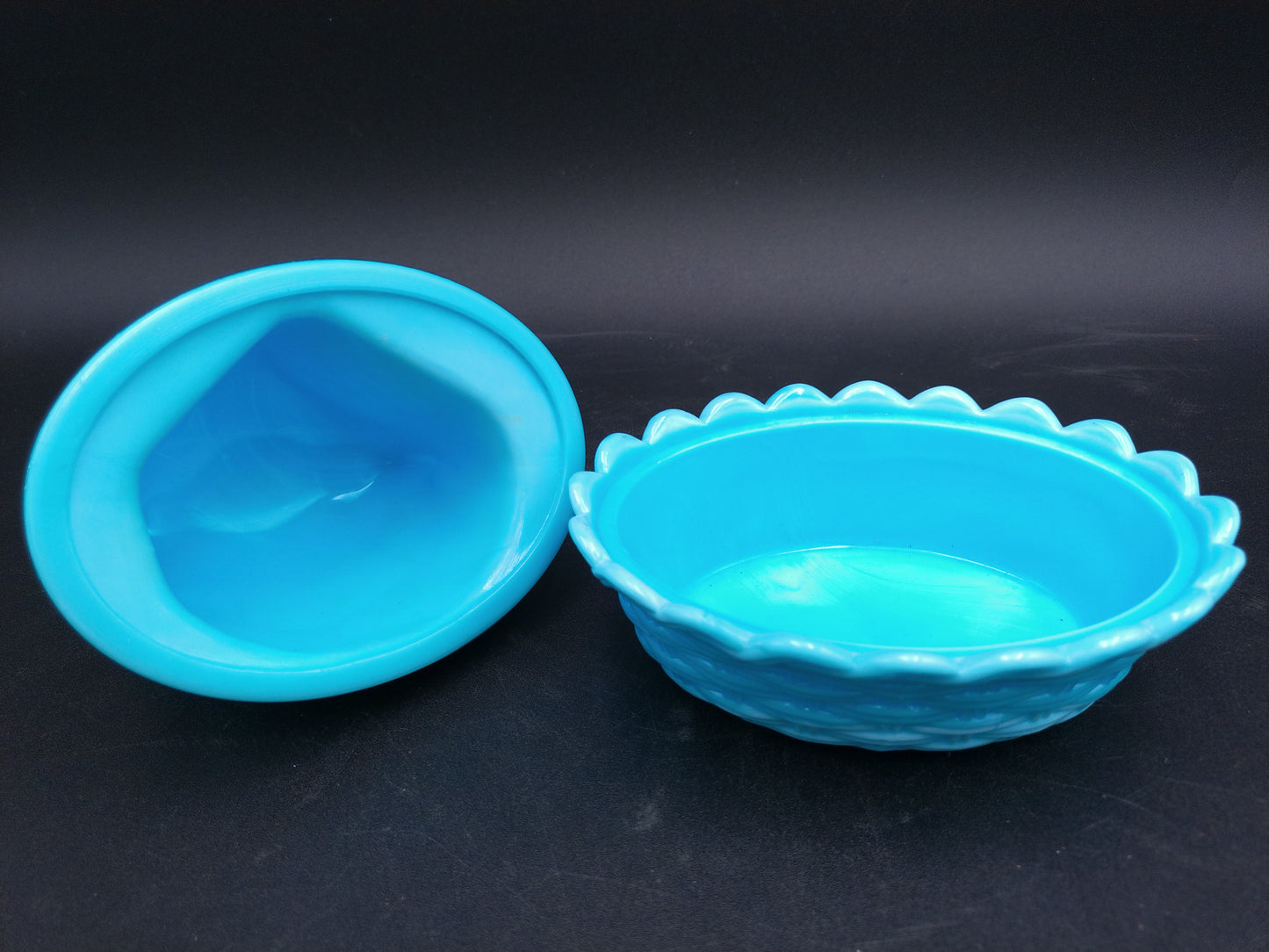 Blue Milk Glass Owl Collection Wright Challinor Taylor and Co and Tiffany Case HeartShaped