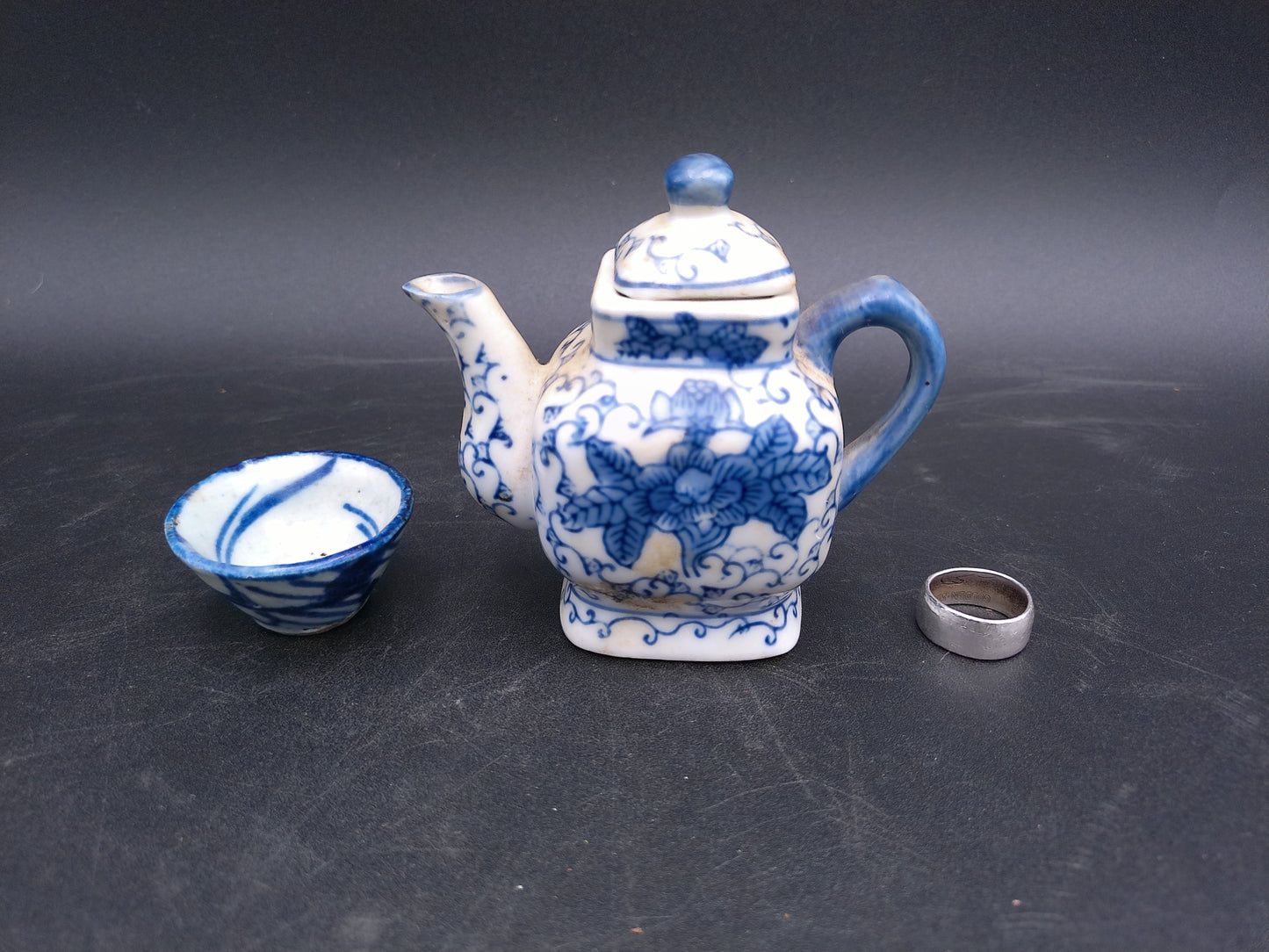 Blue & White Miniature Square Tea Pot with Lid Small and cup Oriental Teapot