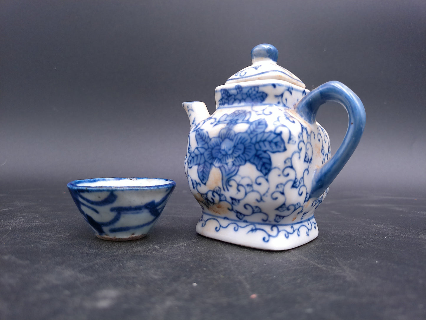 Blue & White Miniature Square Tea Pot with Lid Small and cup Oriental Teapot