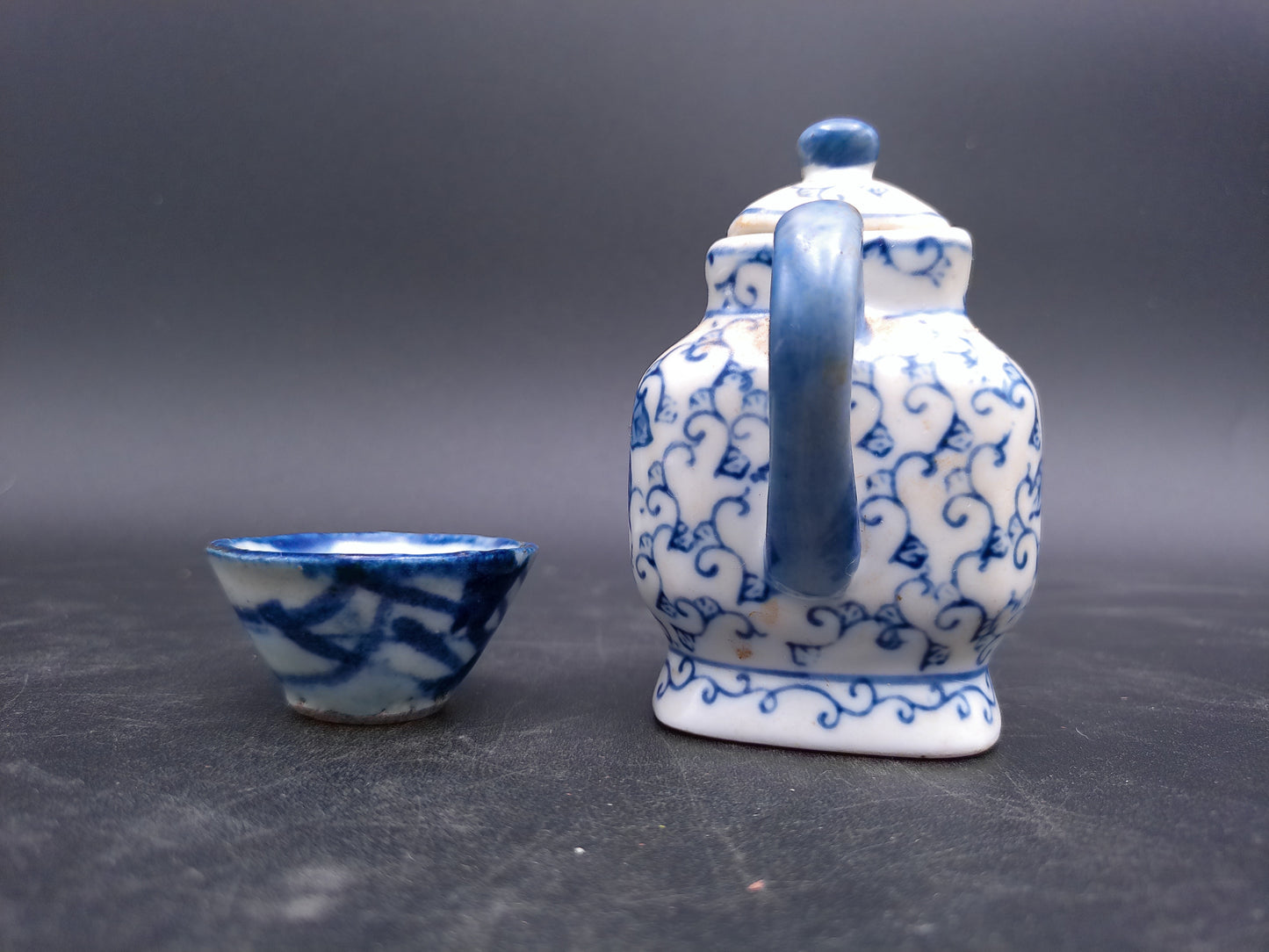 Blue & White Miniature Square Tea Pot with Lid Small and cup Oriental Teapot