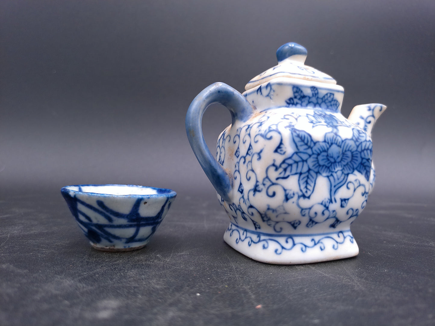 Blue & White Miniature Square Tea Pot with Lid Small and cup Oriental Teapot
