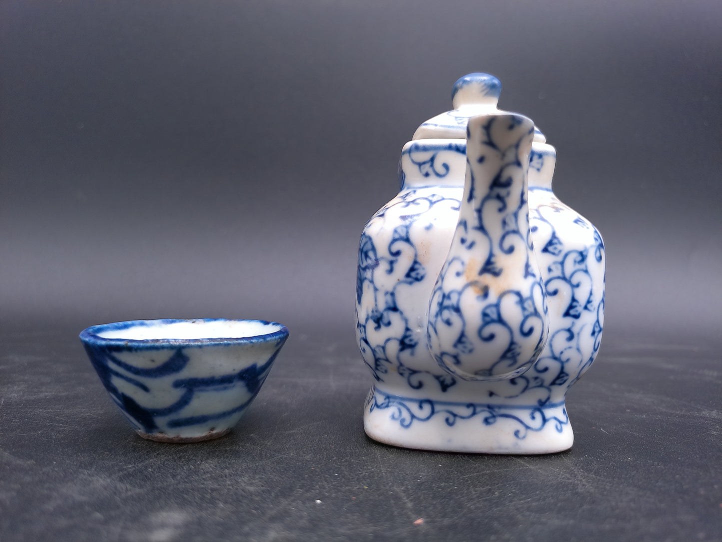 Blue & White Miniature Square Tea Pot with Lid Small and cup Oriental Teapot