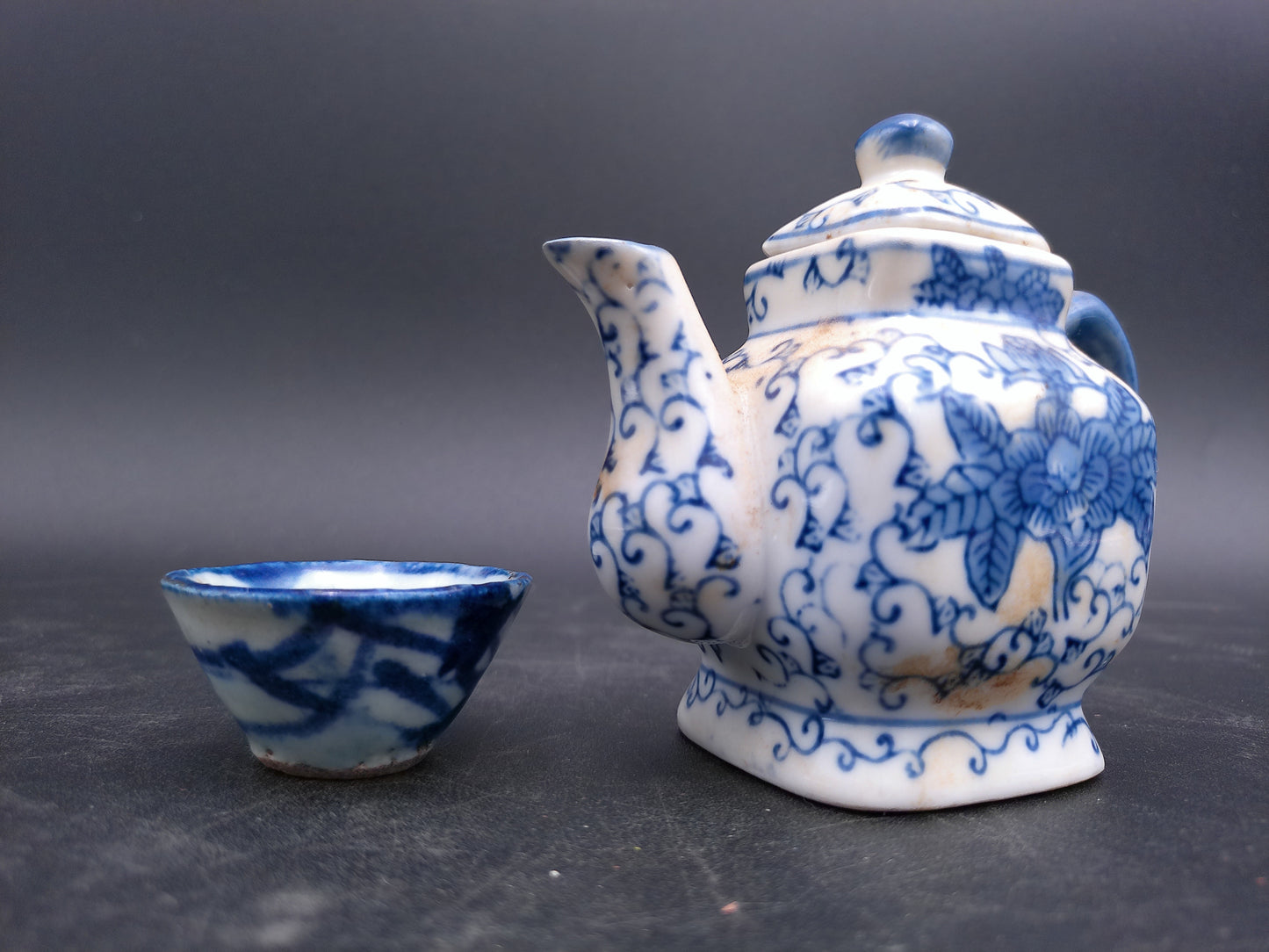 Blue & White Miniature Square Tea Pot with Lid Small and cup Oriental Teapot
