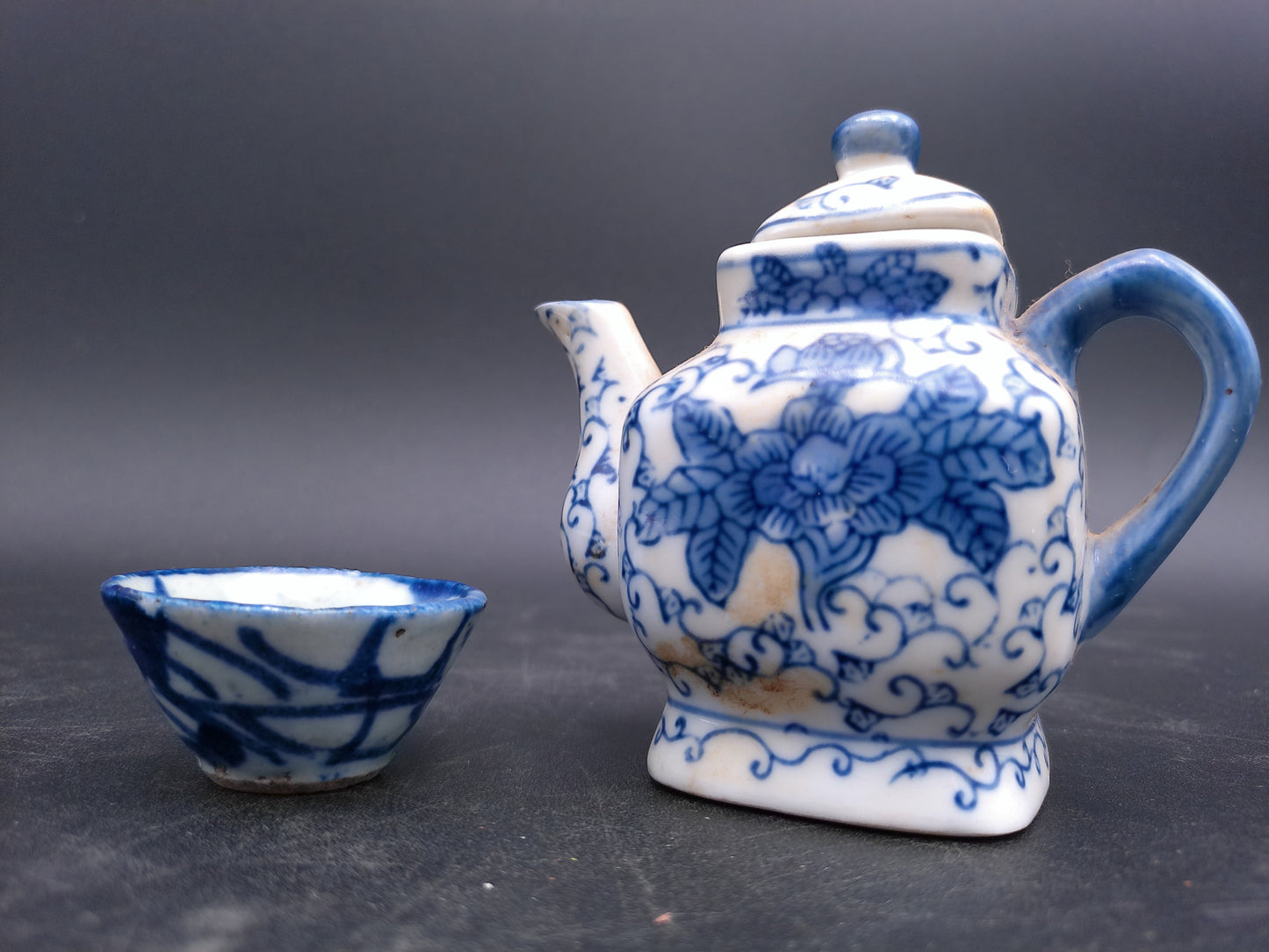 Blue & White Miniature Square Tea Pot with Lid Small and cup Oriental Teapot