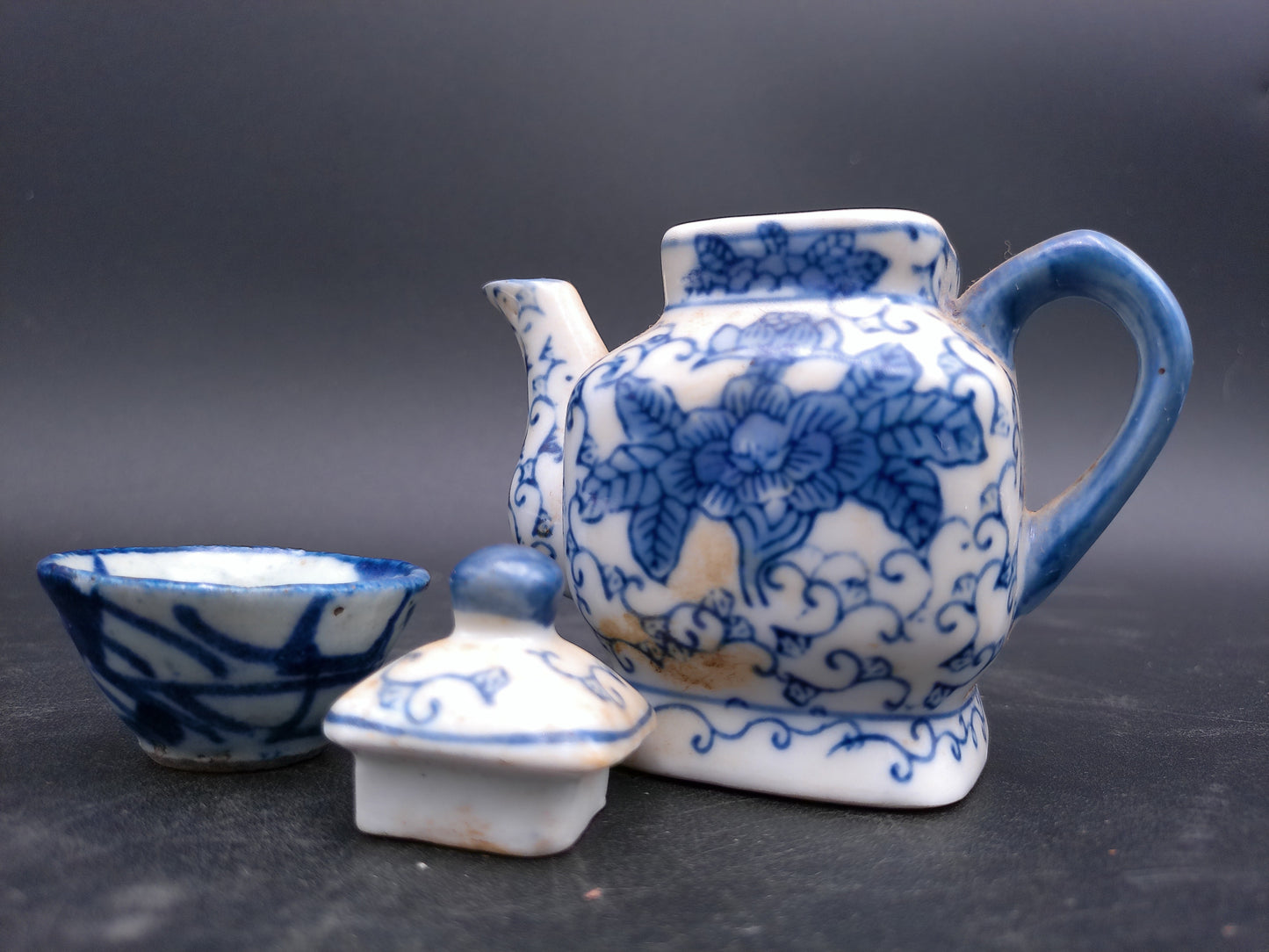 Blue & White Miniature Square Tea Pot with Lid Small and cup Oriental Teapot