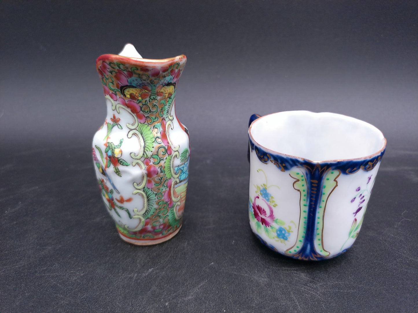 Chinese Floral and Birds Colorful Creamer Pitcher gold rim and vintage coffee tea cup