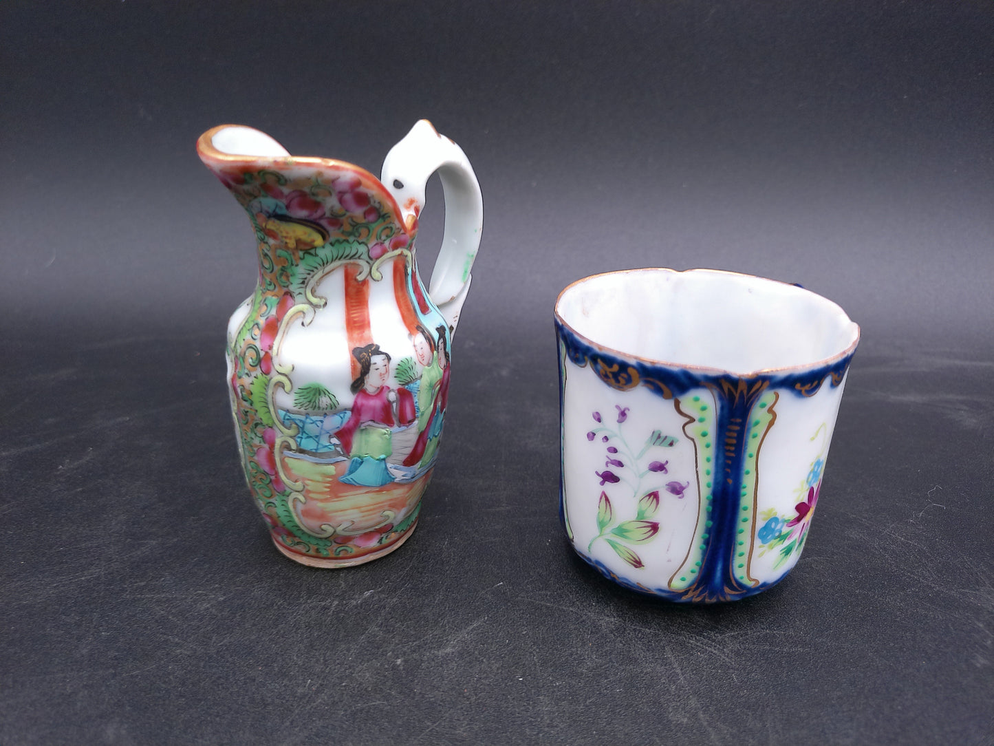 Chinese Floral and Birds Colorful Creamer Pitcher gold rim and vintage coffee tea cup