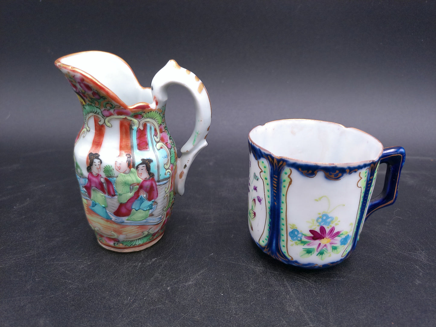 Chinese Floral and Birds Colorful Creamer Pitcher gold rim and vintage coffee tea cup