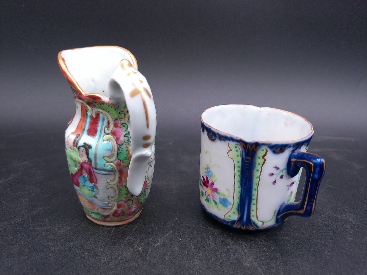 Chinese Floral and Birds Colorful Creamer Pitcher gold rim and vintage coffee tea cup