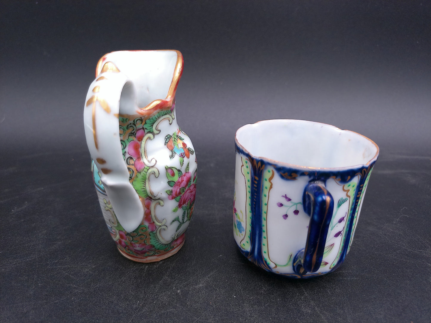 Chinese Floral and Birds Colorful Creamer Pitcher gold rim and vintage coffee tea cup