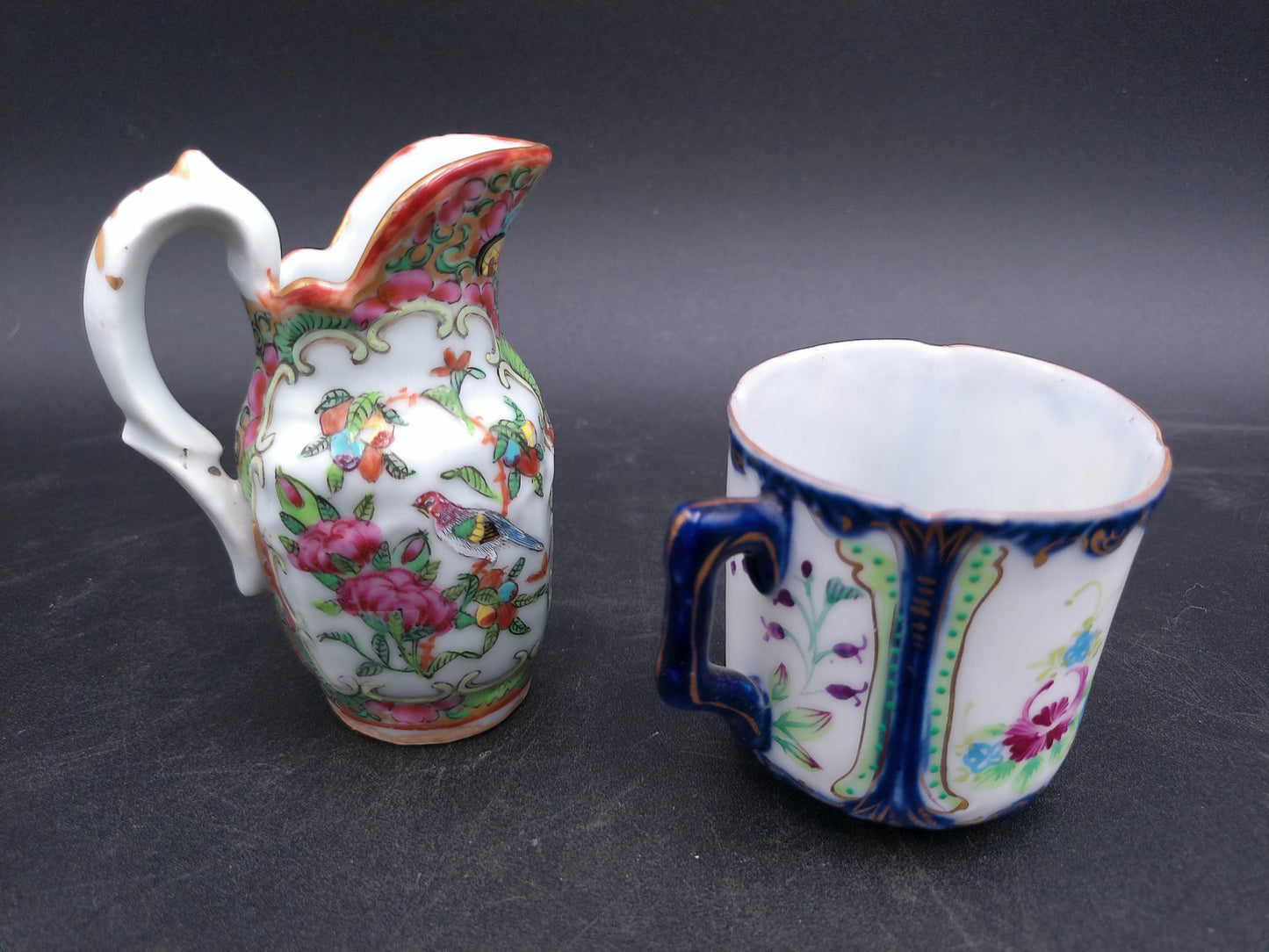 Chinese Floral and Birds Colorful Creamer Pitcher gold rim and vintage coffee tea cup