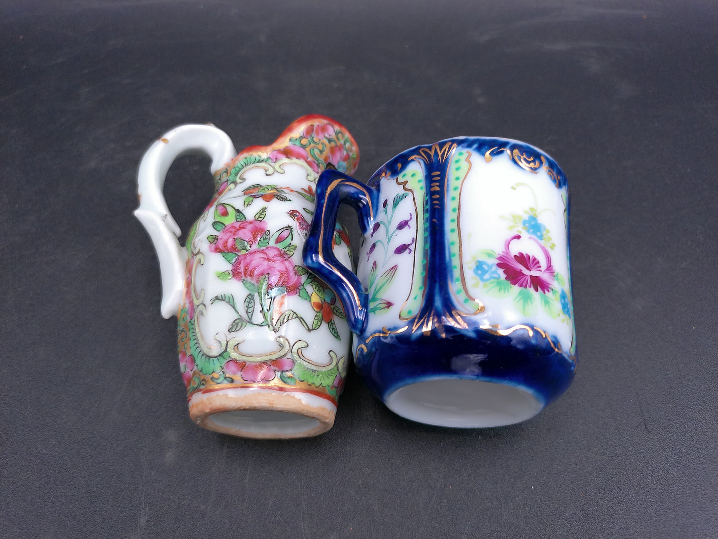 Chinese Floral and Birds Colorful Creamer Pitcher gold rim and vintage coffee tea cup