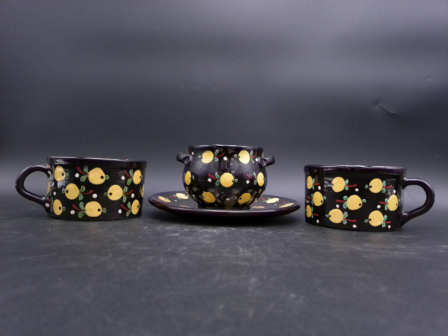 Pottery Sugar Bowl Hungarian Majolika Majolica Vintage & 2 cups