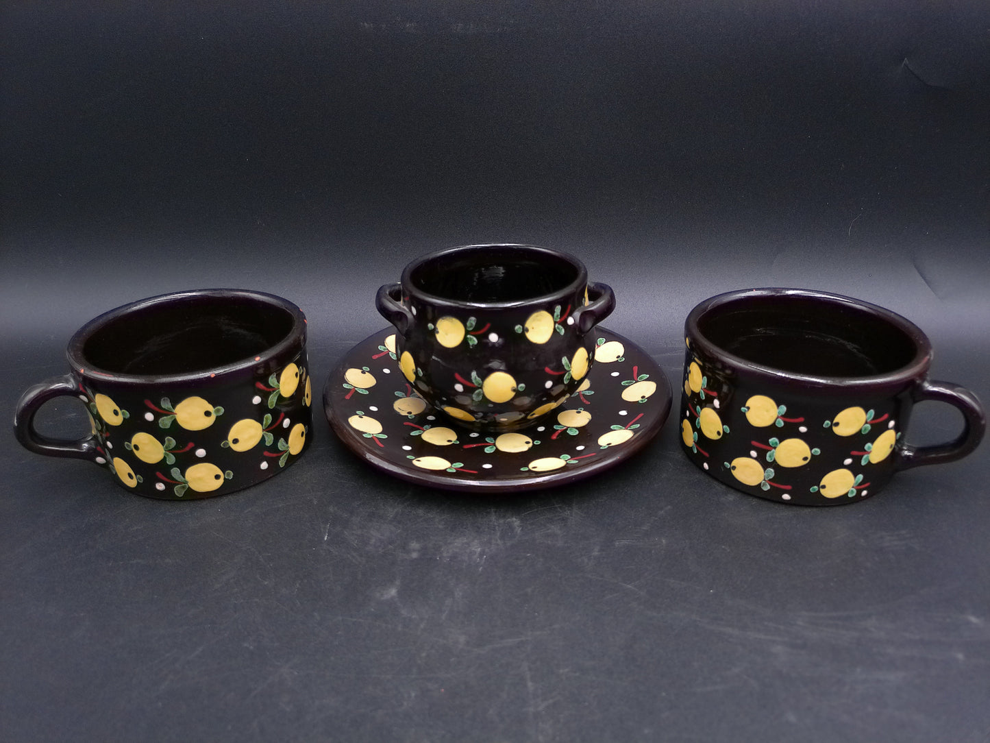 Pottery Sugar Bowl Hungarian Majolika Majolica Vintage & 2 cups