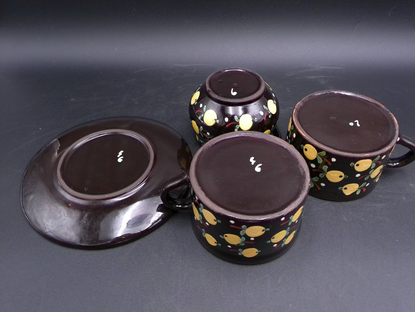 Pottery Sugar Bowl Hungarian Majolika Majolica Vintage & 2 cups