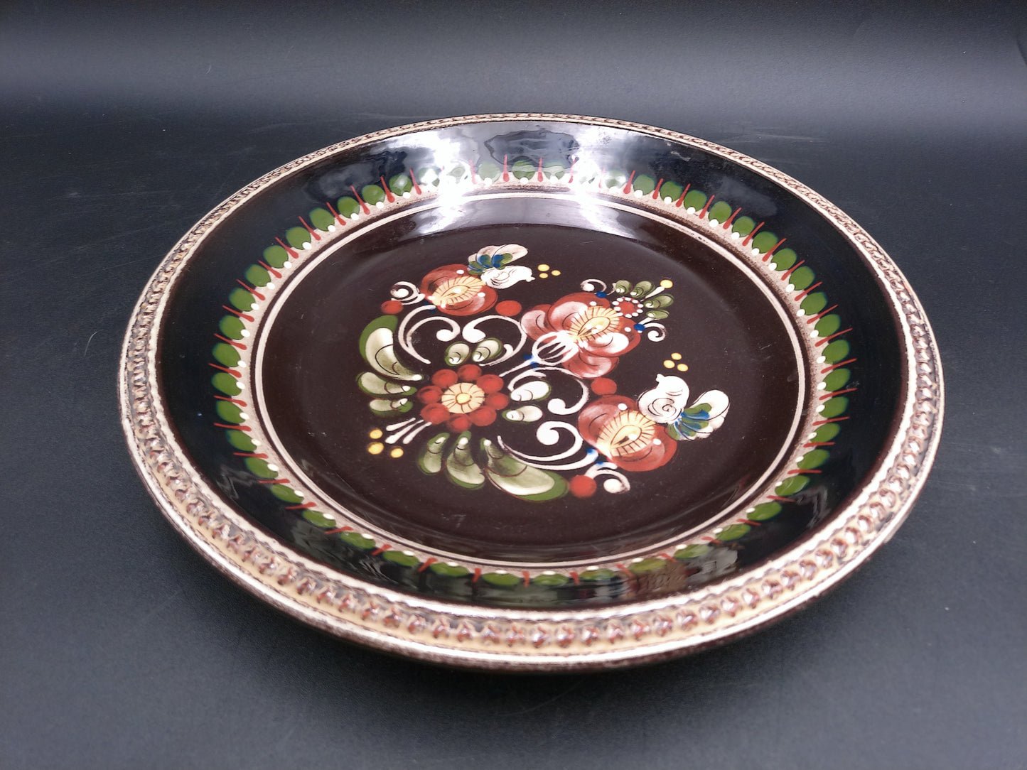 Swiss Ceramic Dark Brown Decorative Floral Design Plate