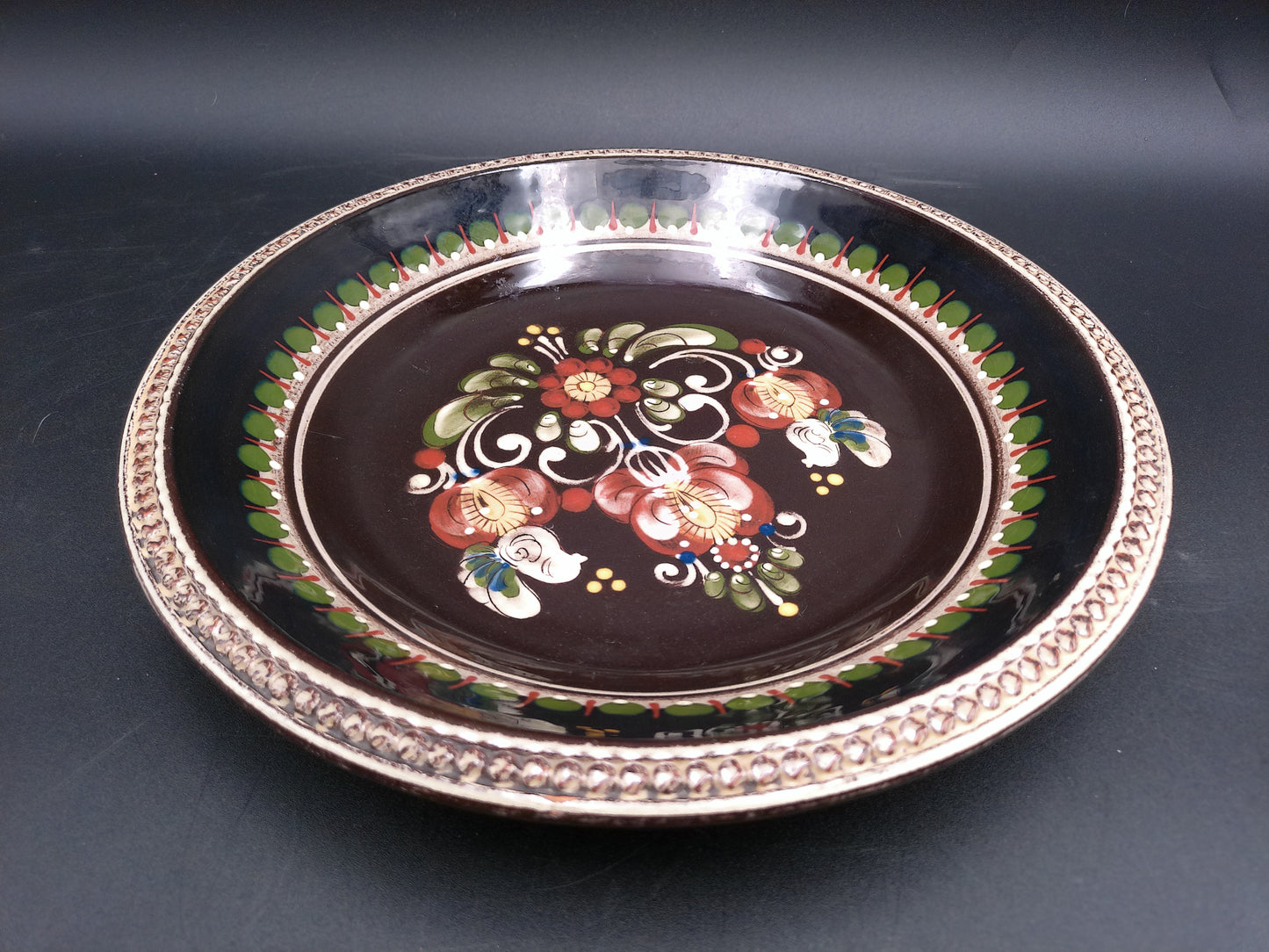 Swiss Ceramic Dark Brown Decorative Floral Design Plate