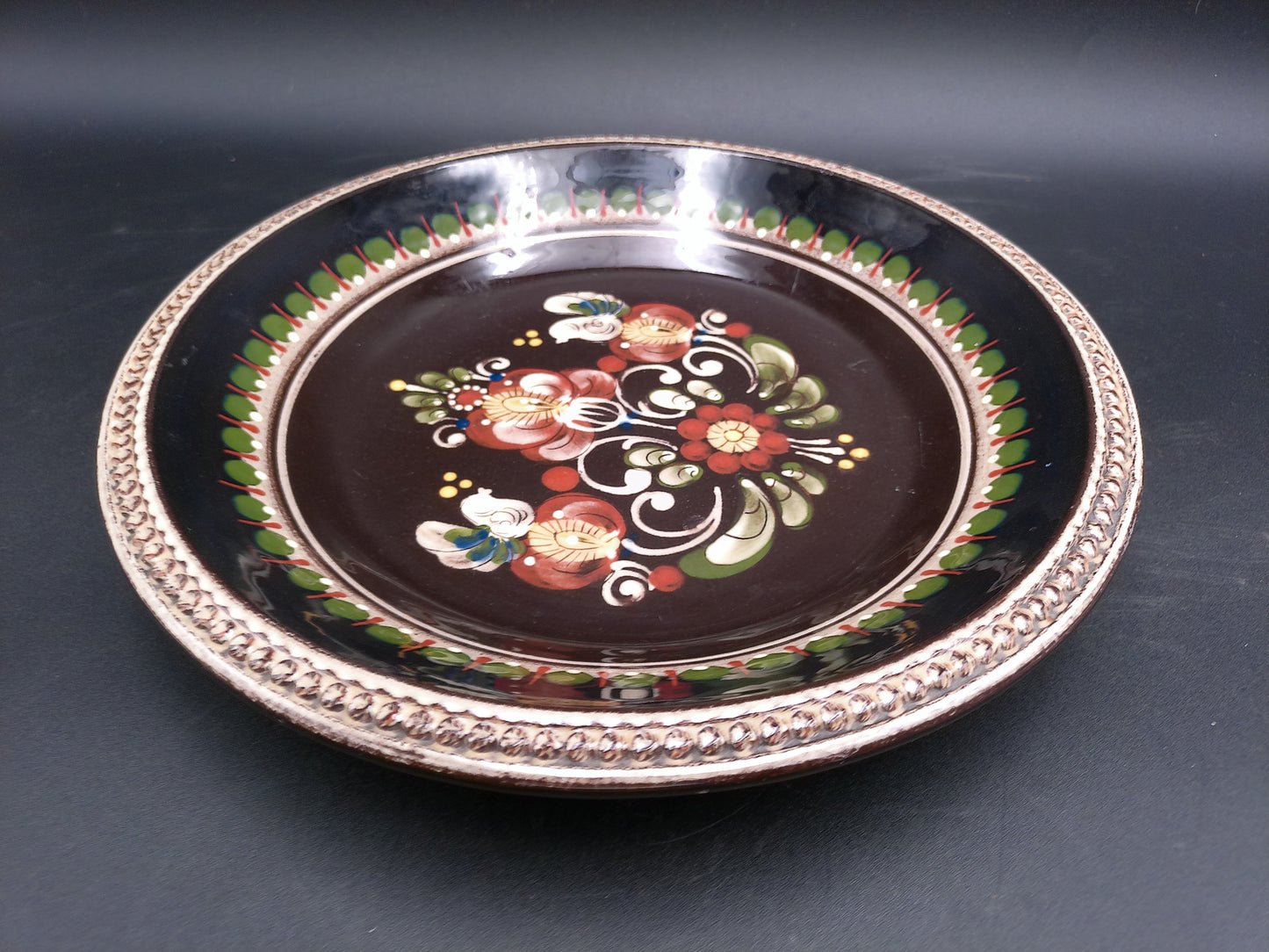 Swiss Ceramic Dark Brown Decorative Floral Design Plate