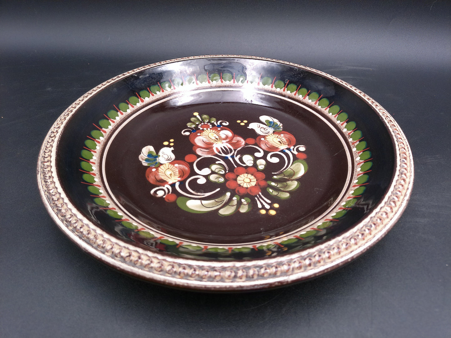 Swiss Ceramic Dark Brown Decorative Floral Design Plate