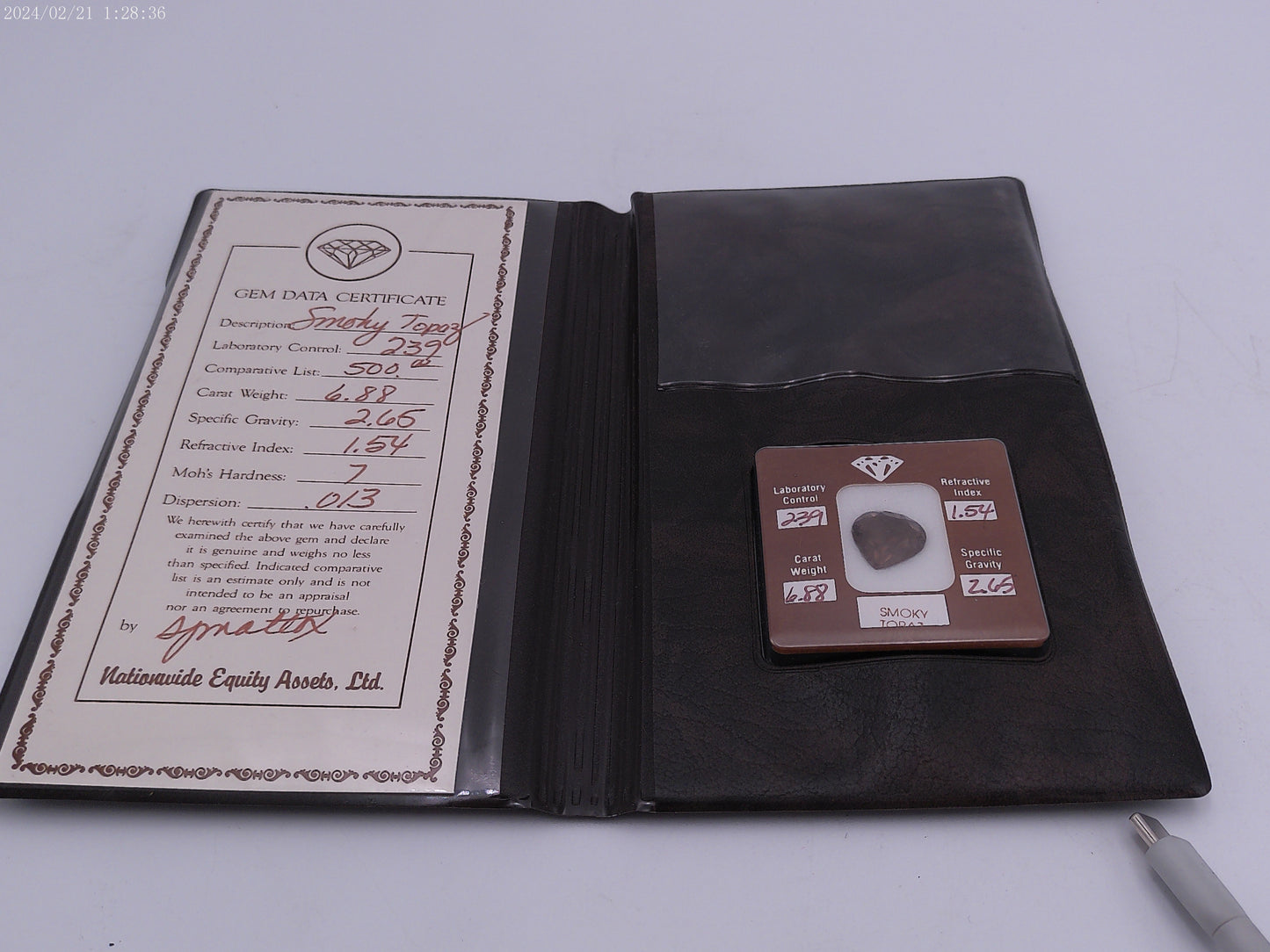 Smoky Topaz Stone  6.88 Carat in Jewelery Box Vintage