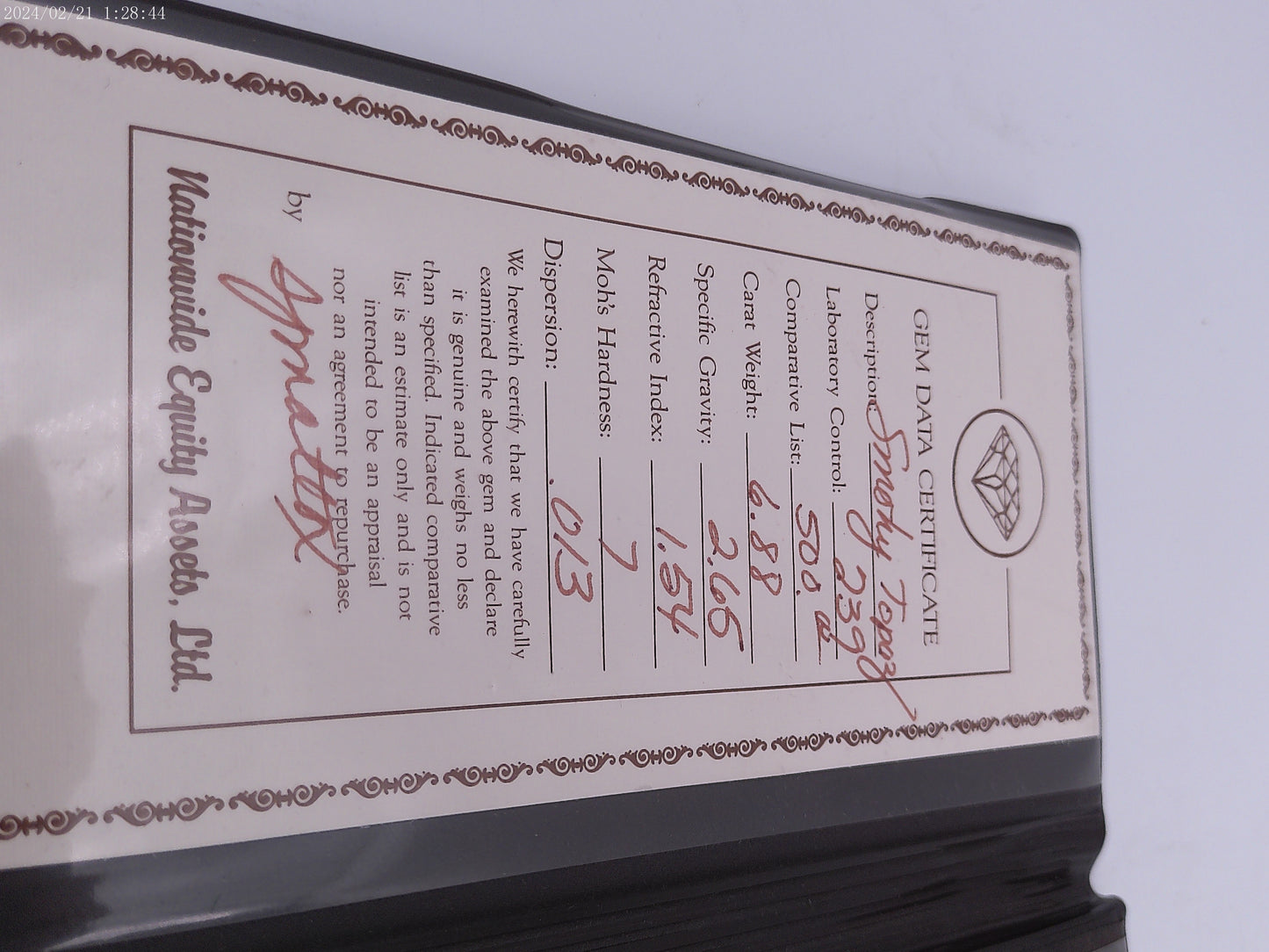 Smoky Topaz Stone  6.88 Carat in Jewelery Box Vintage