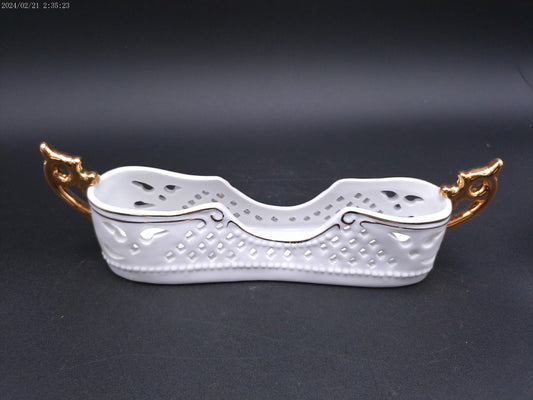 Ceramic Utensil Tray-Old Paris Style Vintage Gold painted Handles and Rim