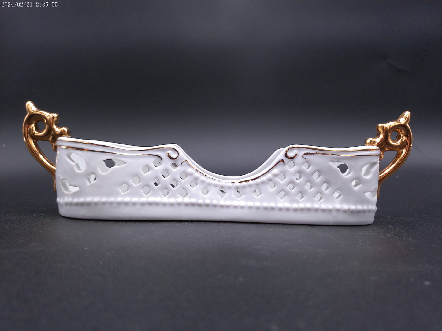 Ceramic Utensil Tray-Old Paris Style Vintage Gold painted Handles and Rim