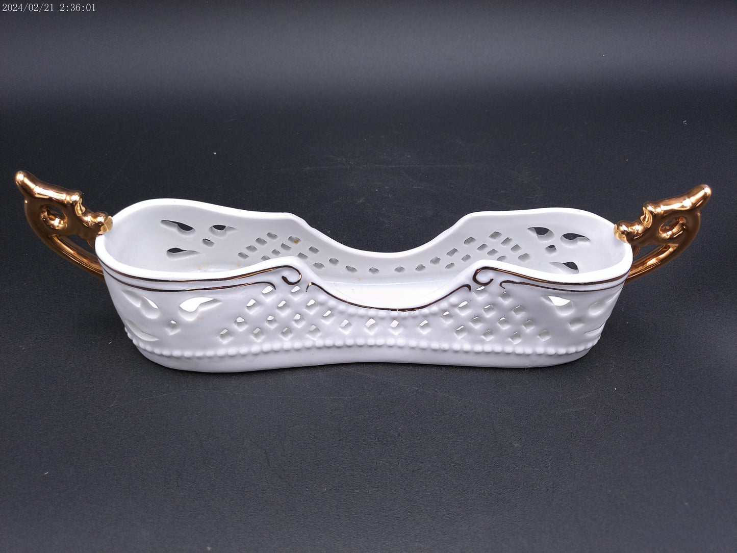 Ceramic Utensil Tray-Old Paris Style Vintage Gold painted Handles and Rim