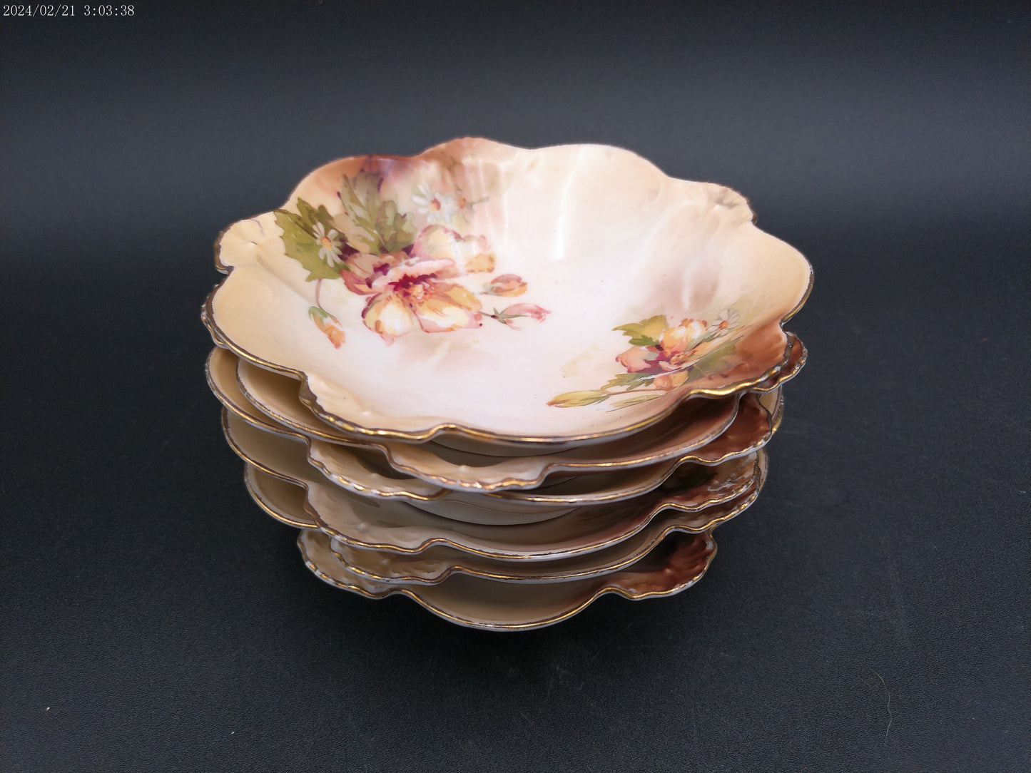 RS Prussia Set of 6 Berry Bowls - Scalloped Gilded White Pink Green Roses