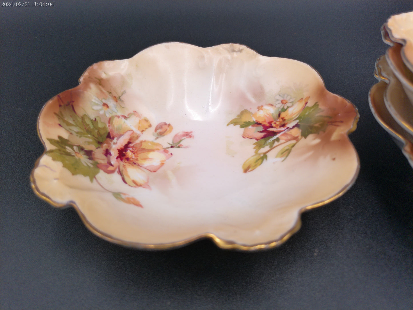 RS Prussia Set of 6 Berry Bowls - Scalloped Gilded White Pink Green Roses