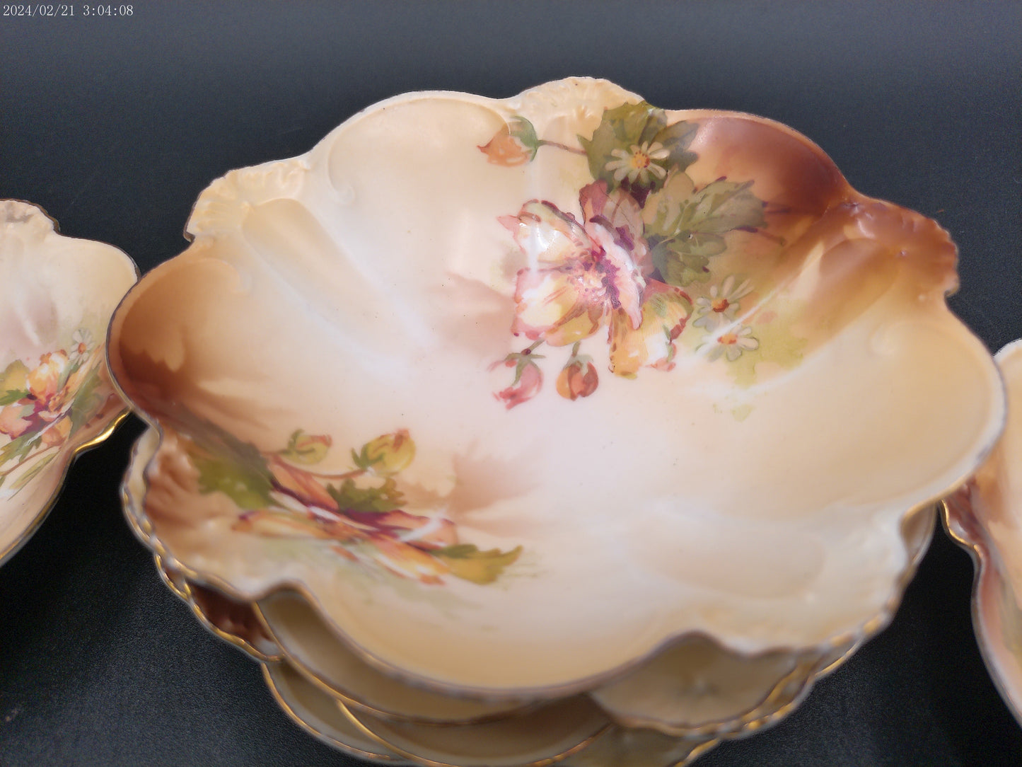 RS Prussia Set of 6 Berry Bowls - Scalloped Gilded White Pink Green Roses