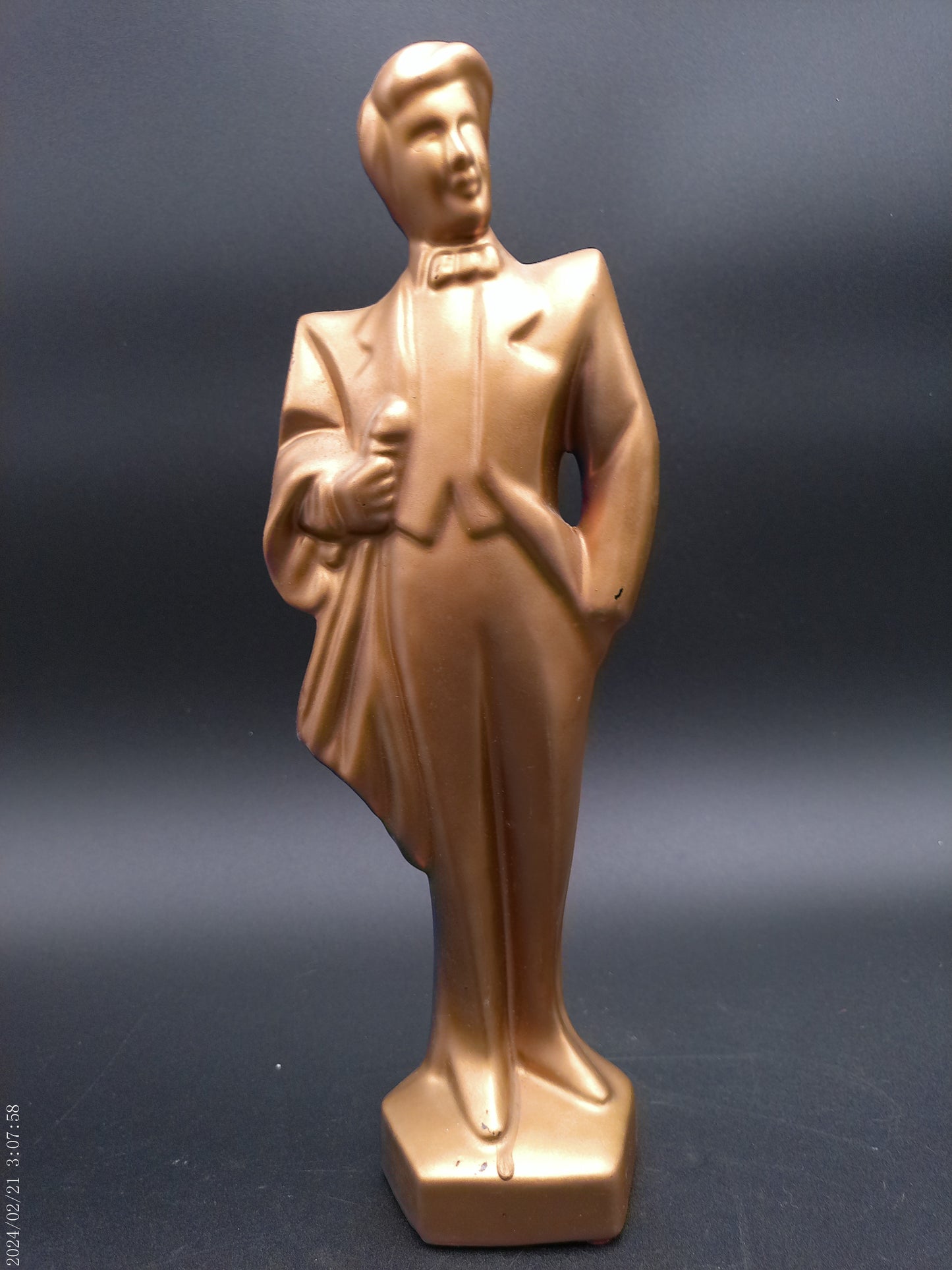 Plaster gold bronze painted Ceramic Statue of Gentleman with Microphone Vintage