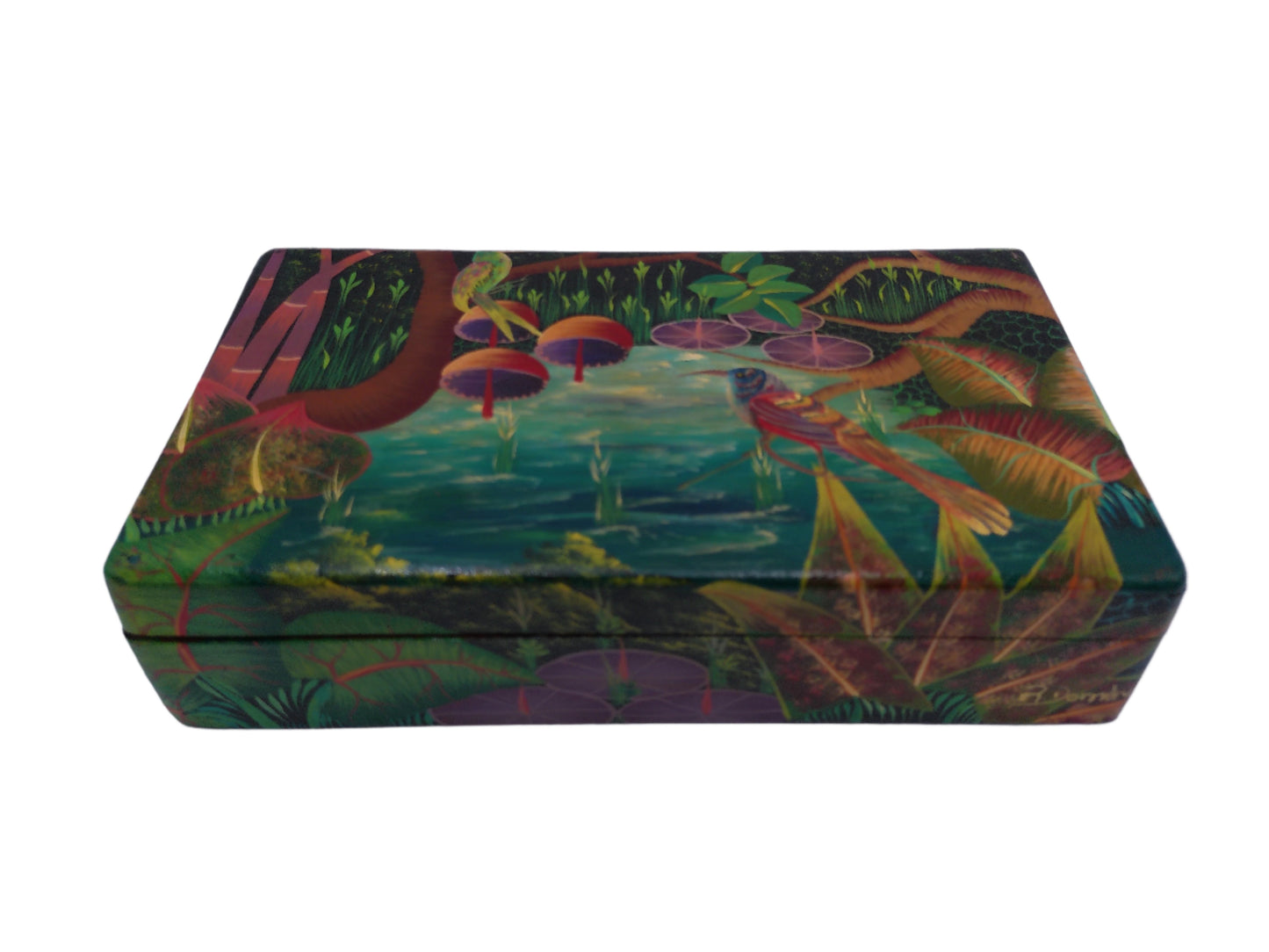 Hand Painted Bright Leaf Abstract Wooden Trinket Box by Artist R Dornevl