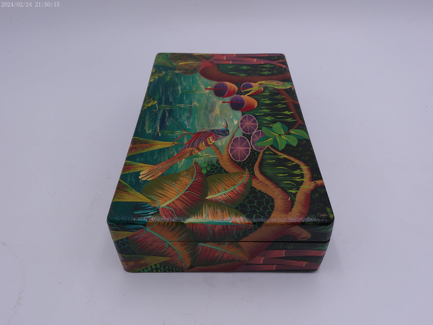 Hand Painted Bright Leaf Abstract Wooden Trinket Box by Artist R Dornevl