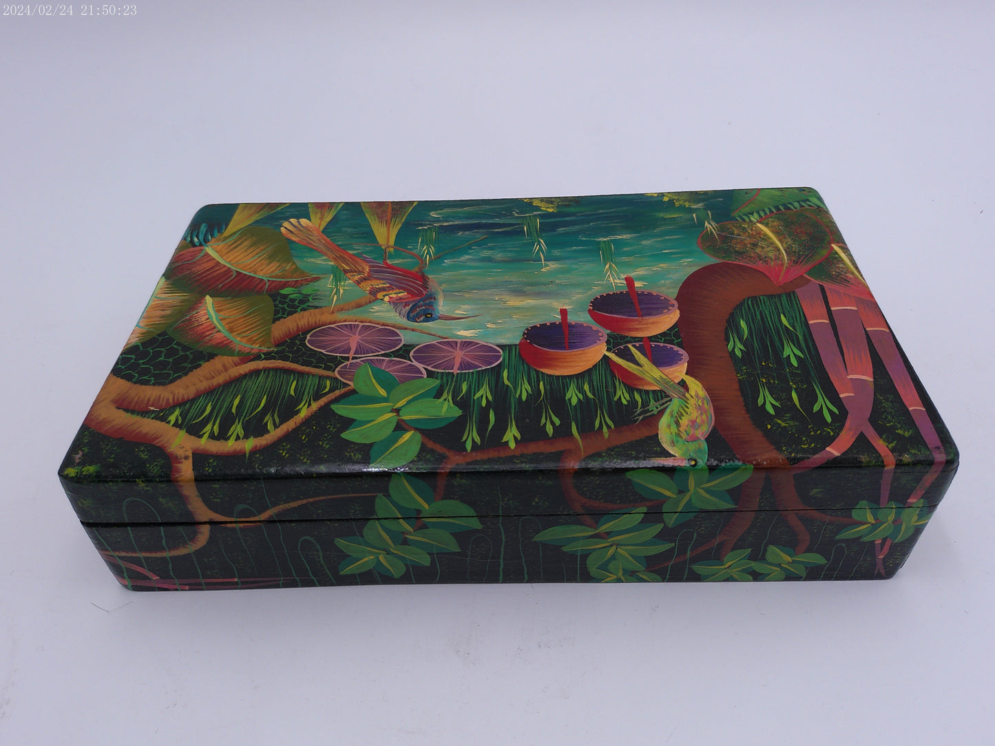 Hand Painted Bright Leaf Abstract Wooden Trinket Box by Artist R Dornevl