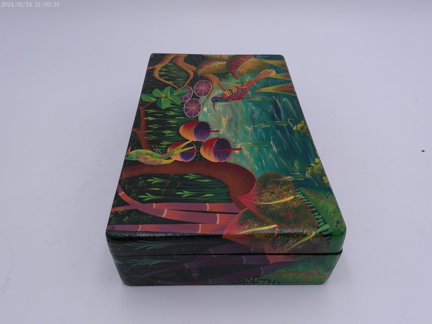 Hand Painted Bright Leaf Abstract Wooden Trinket Box by Artist R Dornevl