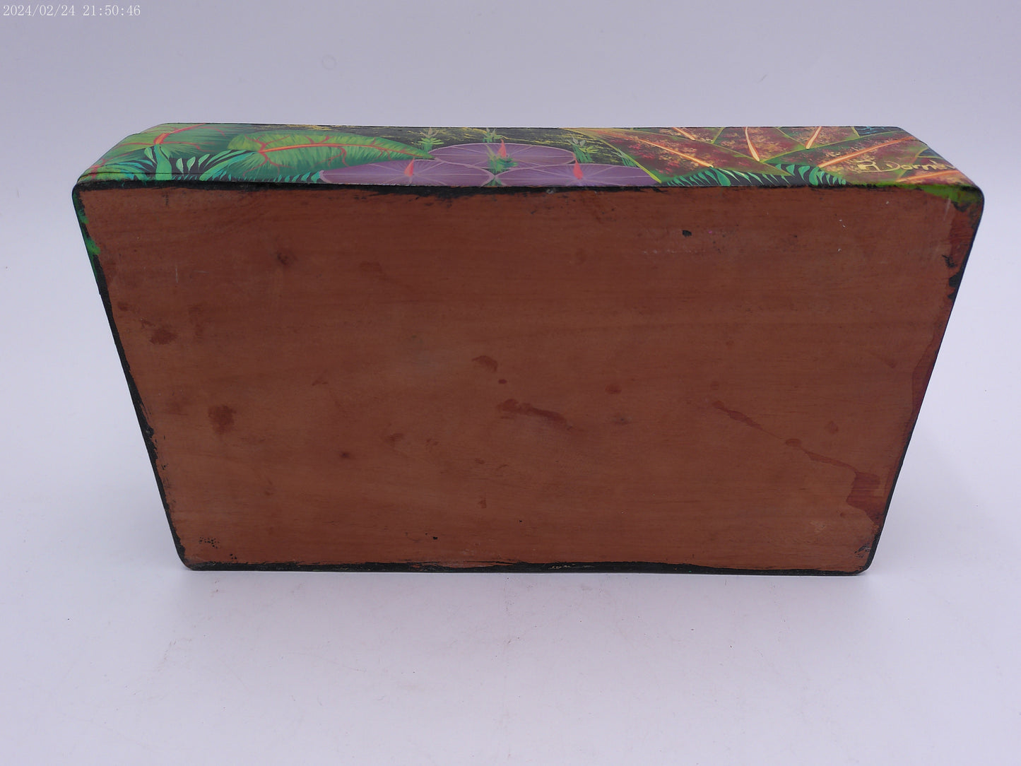 Hand Painted Bright Leaf Abstract Wooden Trinket Box by Artist R Dornevl