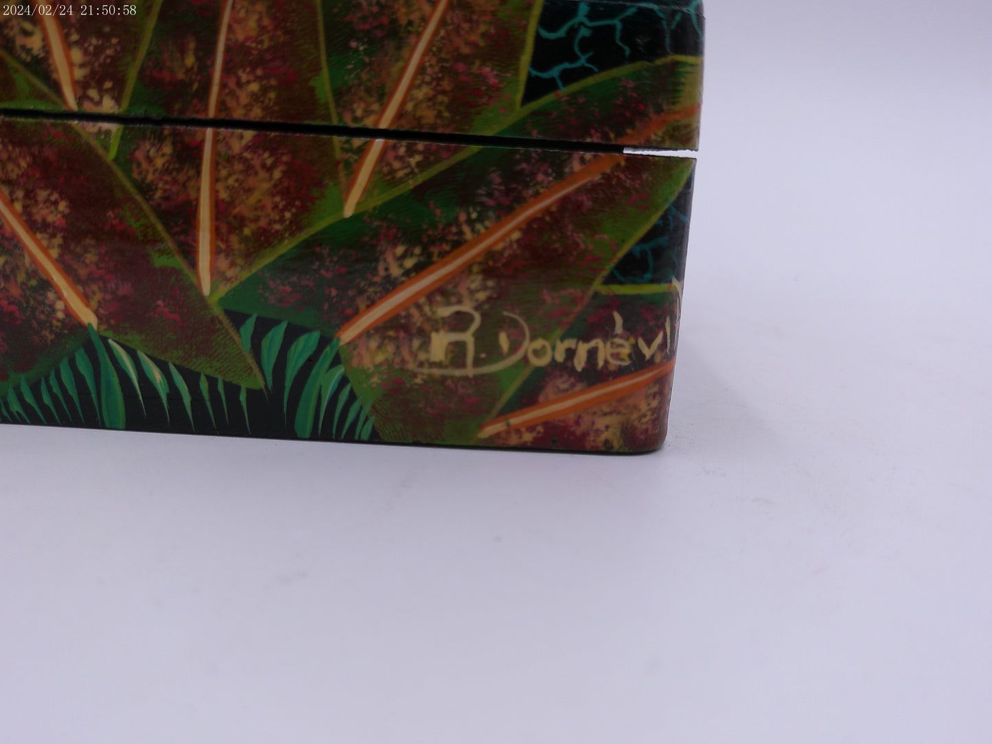 Hand Painted Bright Leaf Abstract Wooden Trinket Box by Artist R Dornevl