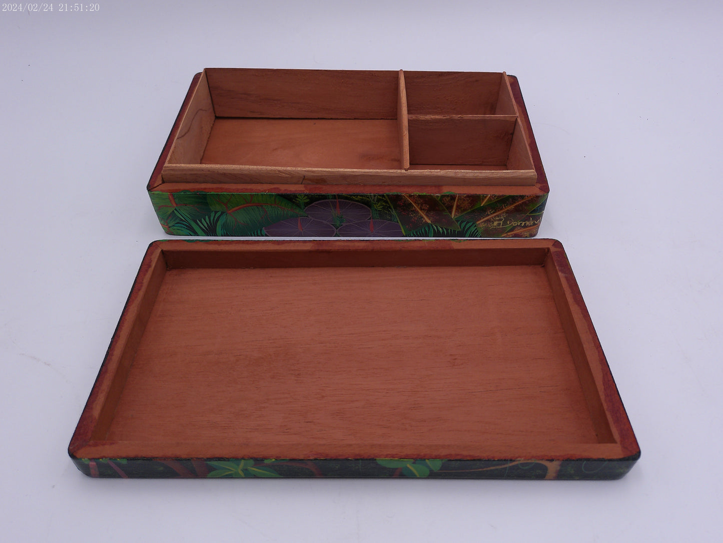 Hand Painted Bright Leaf Abstract Wooden Trinket Box by Artist R Dornevl