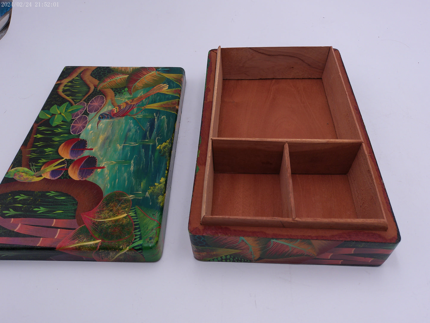 Hand Painted Bright Leaf Abstract Wooden Trinket Box by Artist R Dornevl