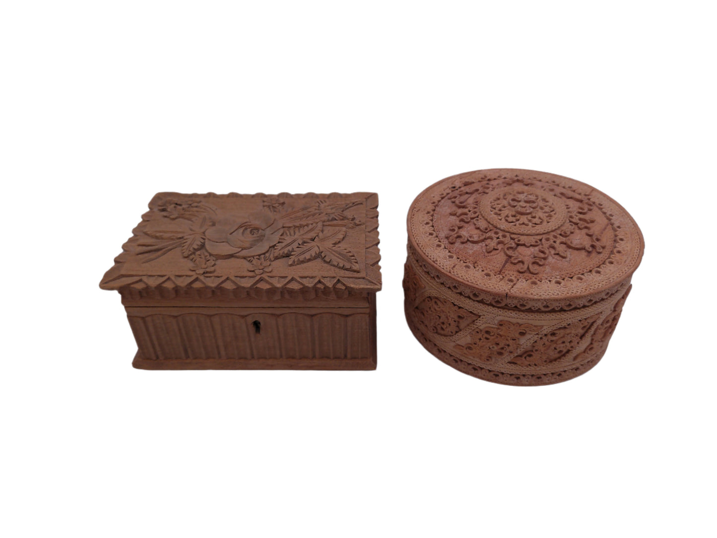 Hand Craved Lot of Two Wooden Storage Containers Vintage