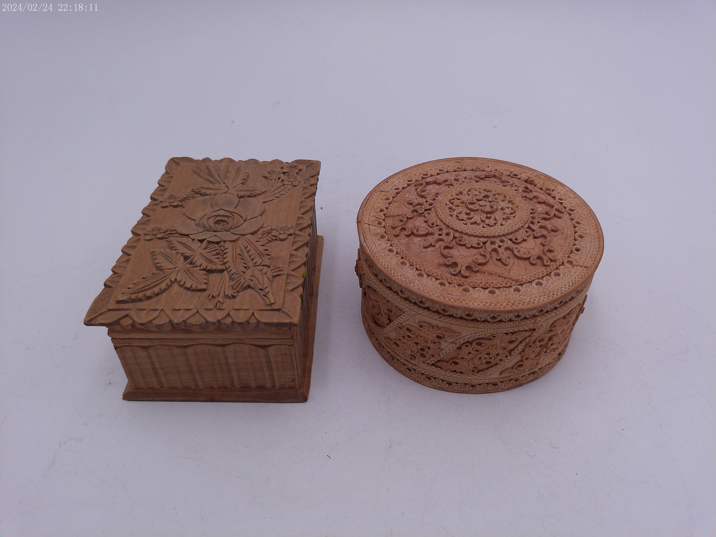 Hand Craved Lot of Two Wooden Storage Containers Vintage