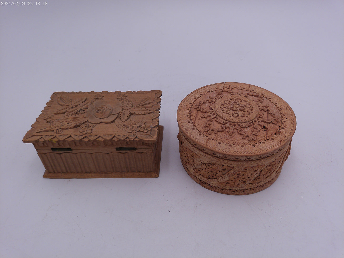 Hand Craved Lot of Two Wooden Storage Containers Vintage