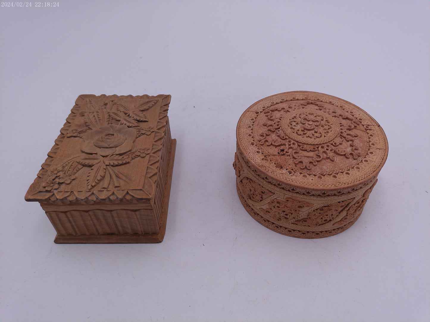 Hand Craved Lot of Two Wooden Storage Containers Vintage