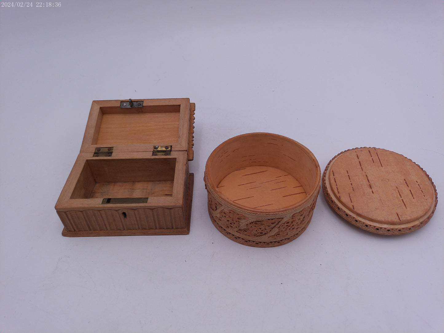 Hand Craved Lot of Two Wooden Storage Containers Vintage
