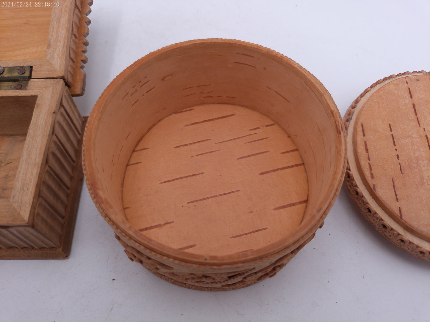 Hand Craved Lot of Two Wooden Storage Containers Vintage